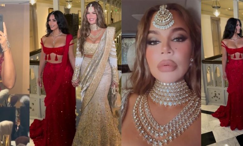 Kim and Khloe Kardashian shine at Anant Ambani's extravagant Mumbai wedding, showcasing stunning traditional Indian fashion and celebrating in style.