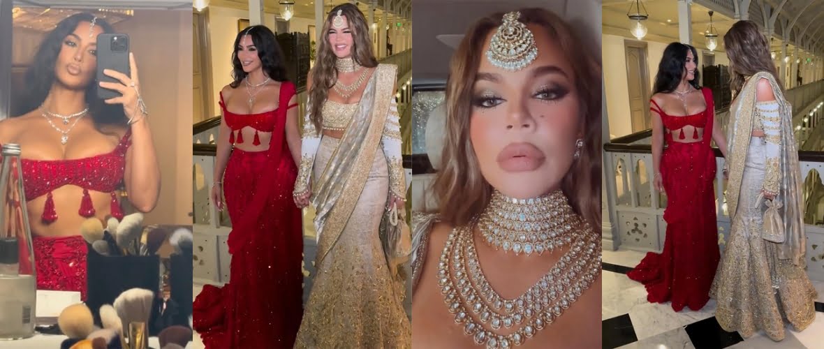 Kim and Khloe Kardashian shine at Anant Ambani's extravagant Mumbai wedding, showcasing stunning traditional Indian fashion and celebrating in style.