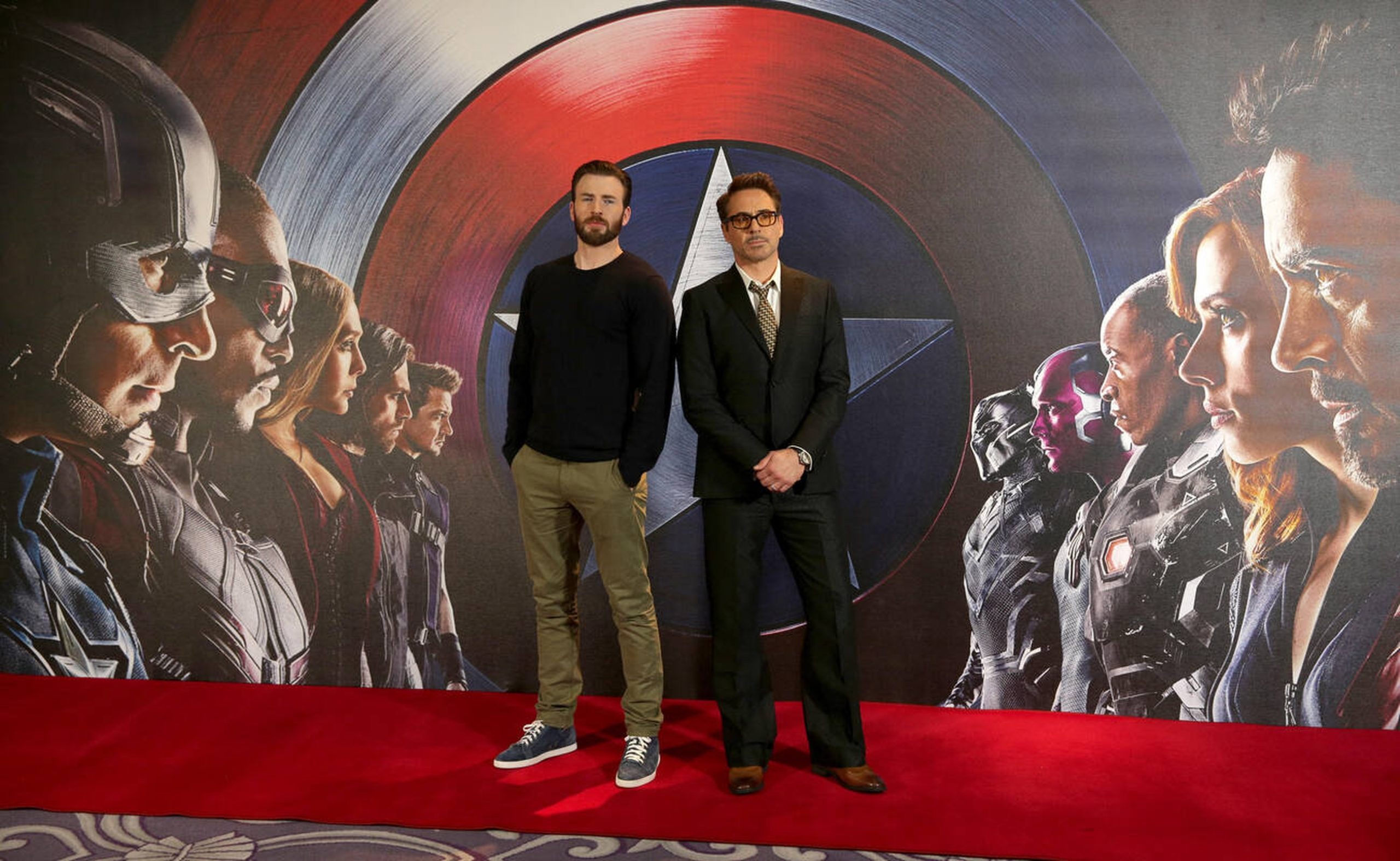 Chris Evans and Robert Downey Jr. (right) attending the Captain America Civil War