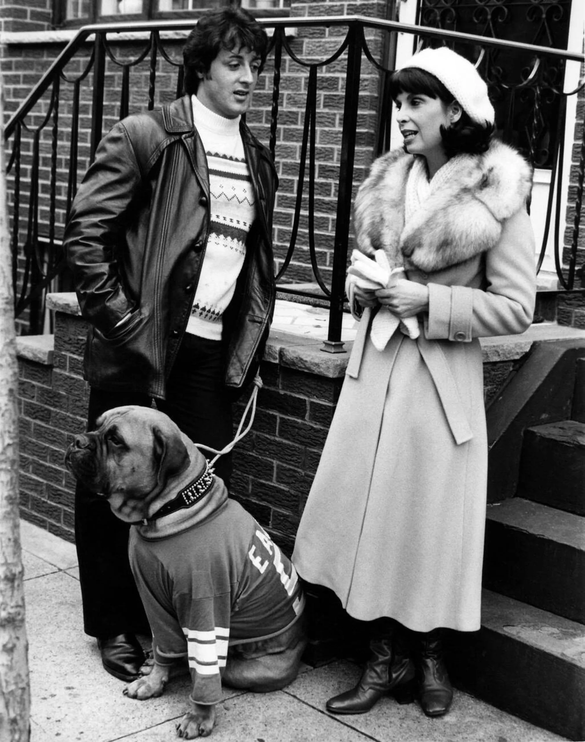 Sylvester Stallone and Talia Shire on the set of Rocky along Butkus