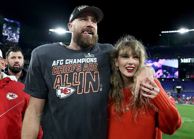 Taylor Swift with Travis Kelce after Kansas City Chiefs win 