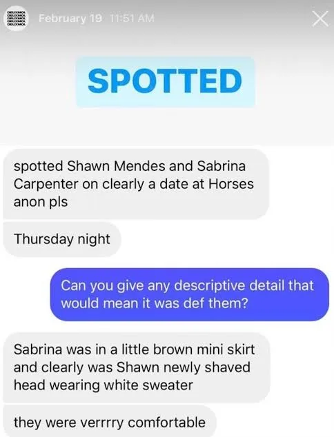 Deuxmoi reported that Sabrina and Shawn were spotted together on a date