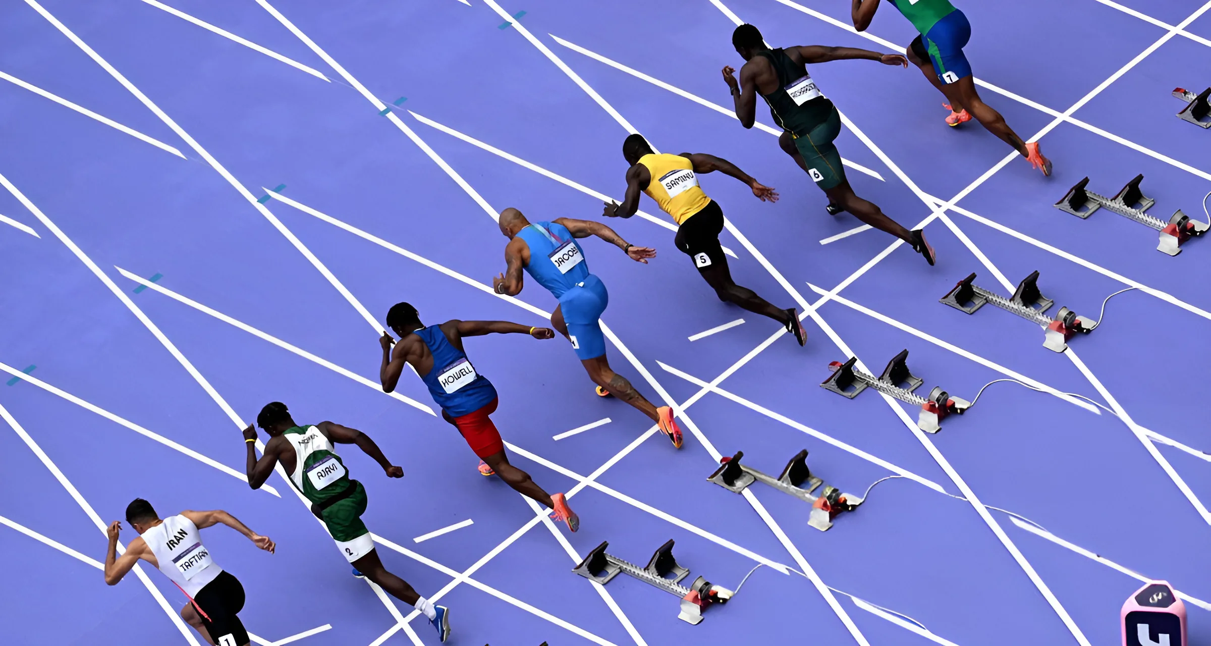 Men's 100m heat of the athletics event at the Paris 2024 Olympic Games